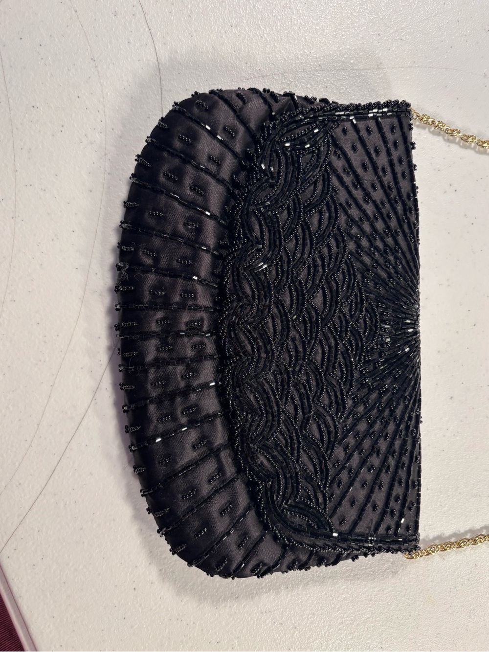 Black Beaded Evening Clutch with Gold Chain Strap